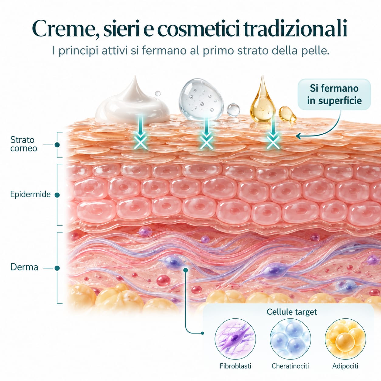 Infografica: creme, sieri e cosmetici tradizionali, i principi attivi si fermano al primo strato della pelle