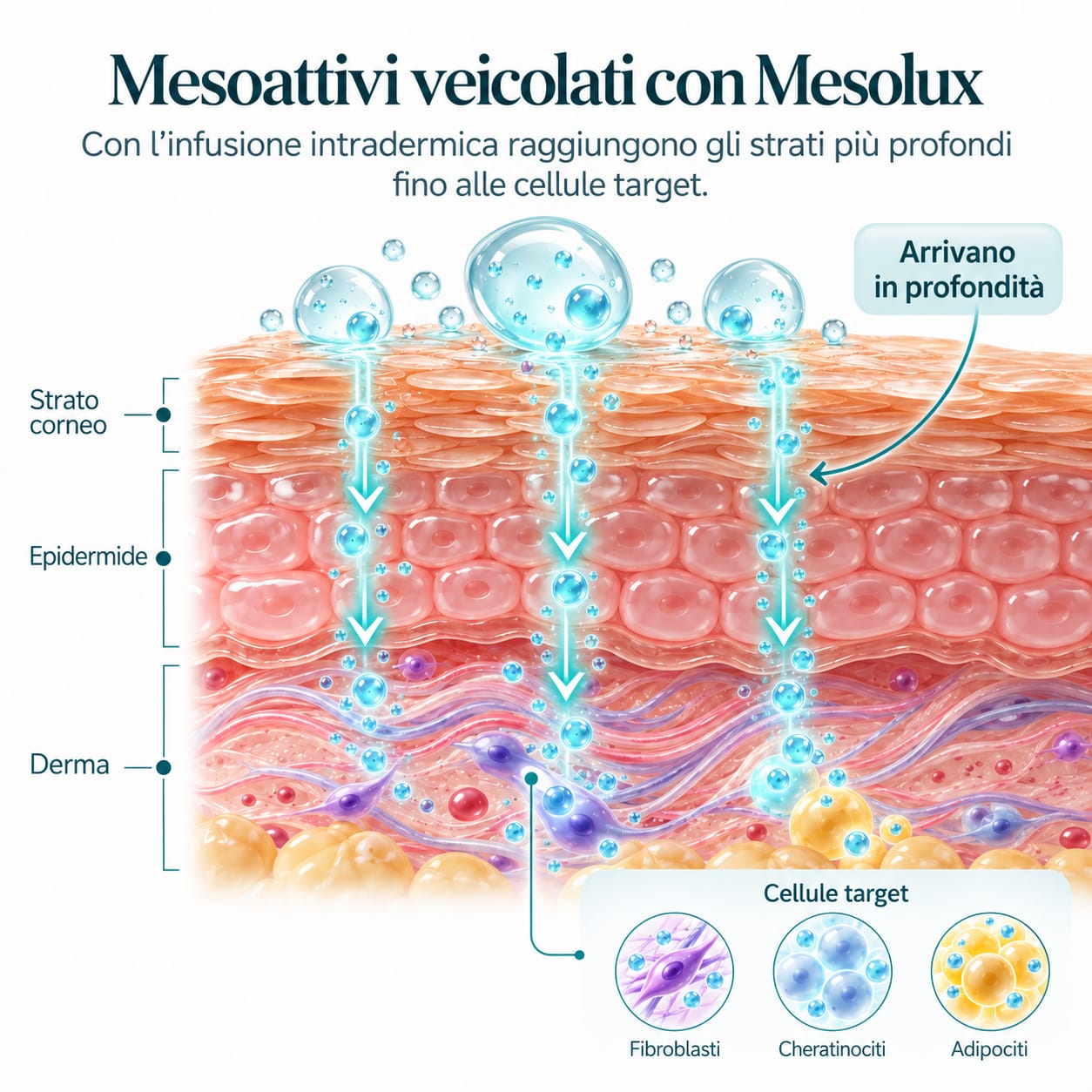 Infografica: i mesoattivi veicolati con MESOLUX raggiungono gli strati più profondi fino alle cellule target